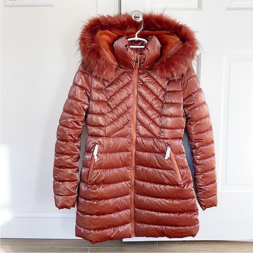 NWT COALITION LA puffer coat size S orange rust faux fur trim jacket